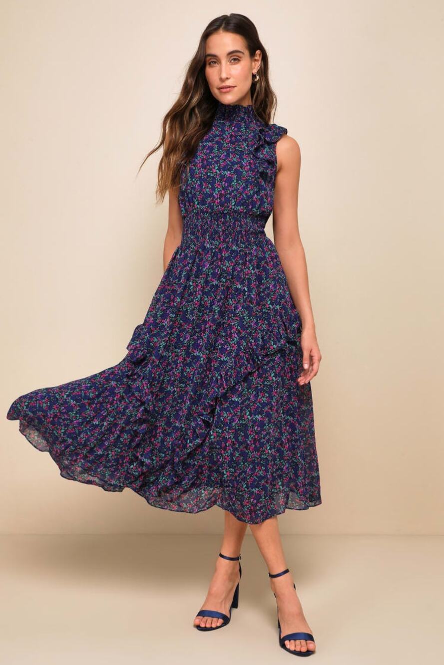Lulus Evalina Navy Blue Floral Print Mock Neck Midi Dress smocked